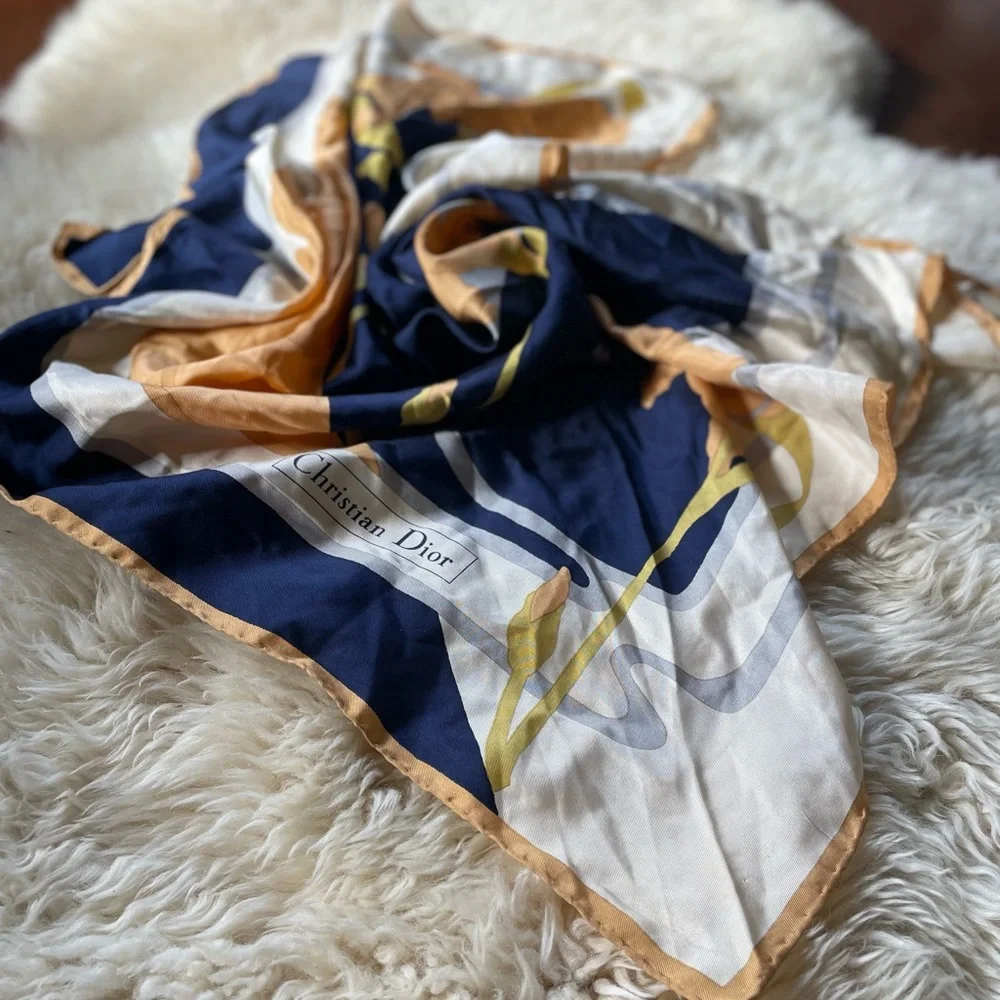 Vintage 70s Christian Dior 100% silk scarf abstract Iris design and logo large